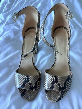 Michael Kors Snake-Print Ankle Strap Heels in Beige and Black